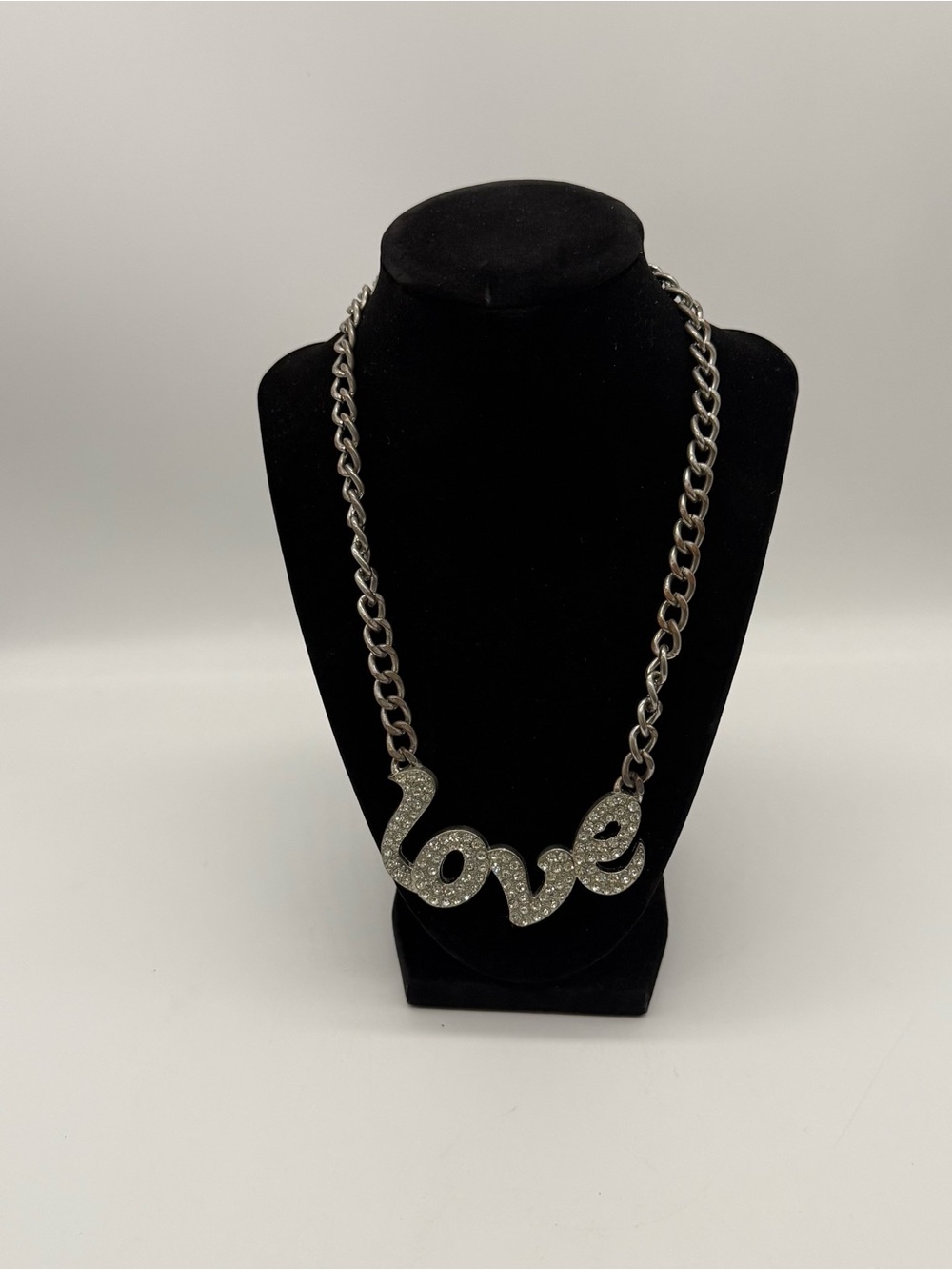 Y2K Silver Rhinestone Love Cursive Script Necklace Chunky Curb Chain Statement